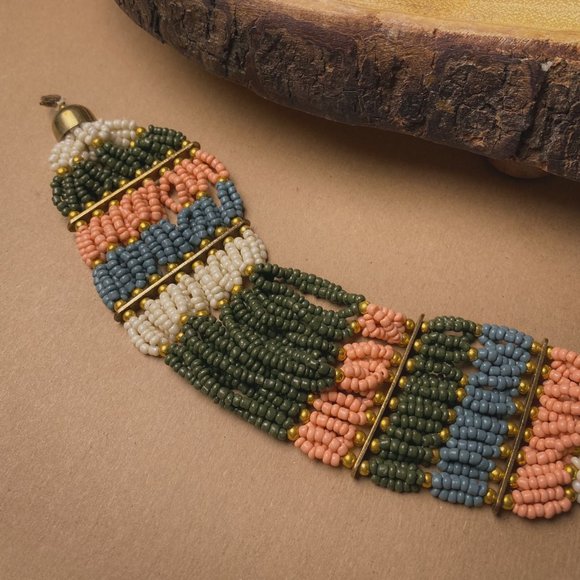 Boho Earth Tone Glass Seed Bead Wide Striped Coral Green Gold Beaded Bracelet - Picture 7 of 11
